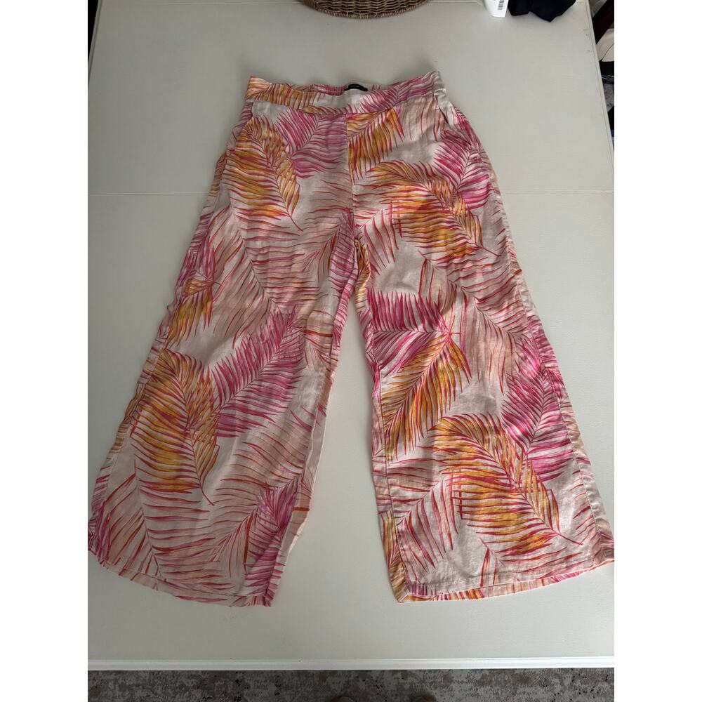 Tahari 100% Linen Wide Leg Pull On Pants Large Tropical Elastic Waist Vacation